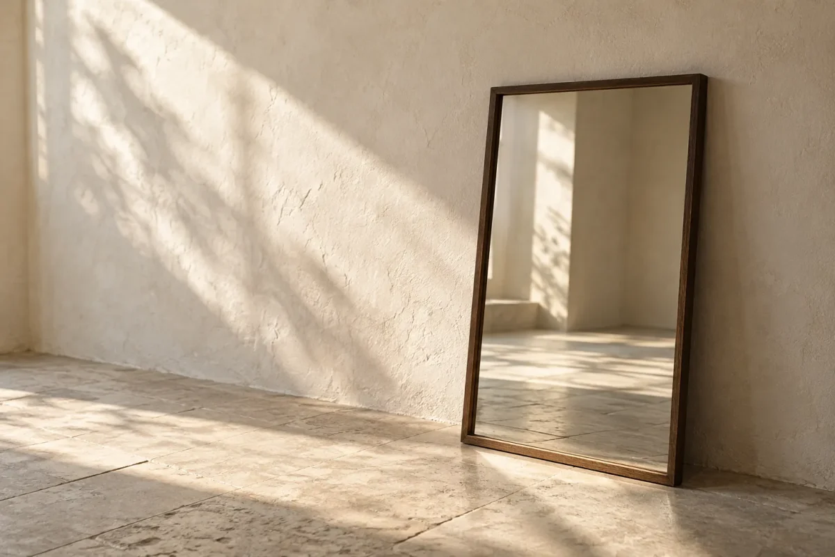 A wood-framed mirror leaning against a sunlit pale wall, reflecting an empty room.